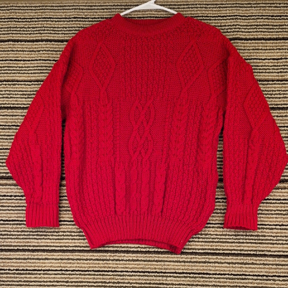 MOFFAT WOOLLENS Knit Red Weave Thick Wool Mens Small Crewneck Sweater‎ VTG